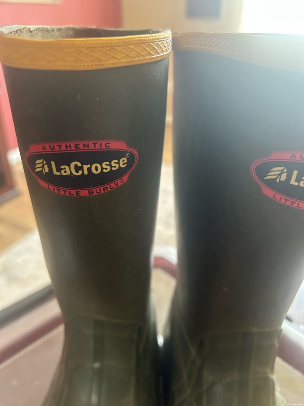 LaCrosse Black Rain Boots with Yellow Trim and Red Logo